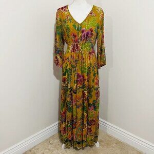 Anthropologie Me 2 Magic Floral Fall Colors Boho Maxi Dress Size L